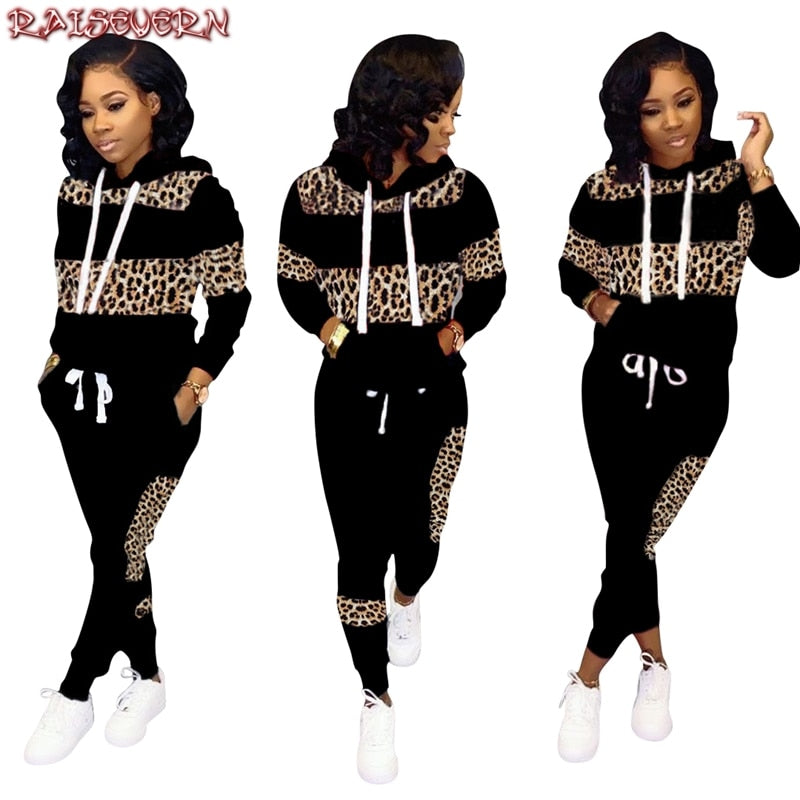 Woman Tracksuit Early Spring Autumn Leopard Pathwork Hoodies Long Sleeve Sweatshirt Sports Outfits Pant Two Pieces Set Women Set